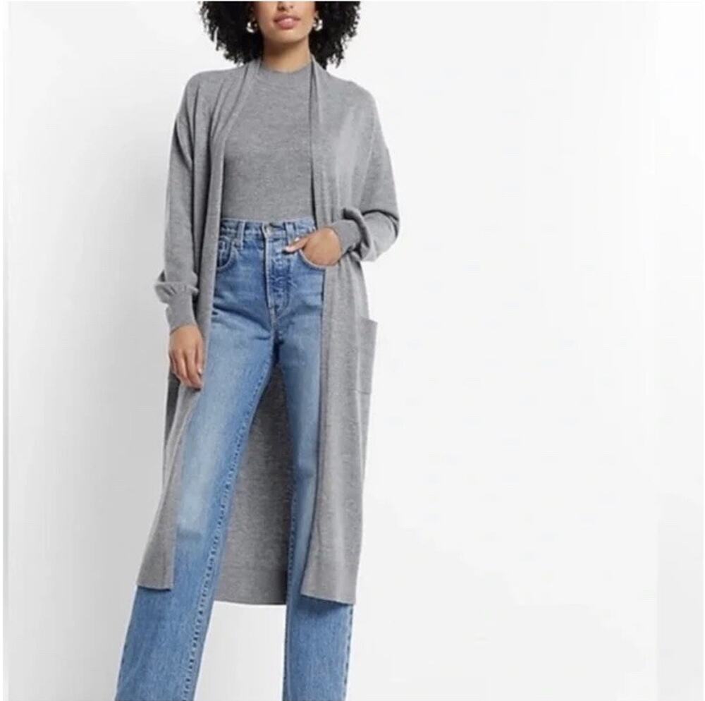 Express Wool Blend Open Front Duster Cardigan Sweater Womens XS Gray